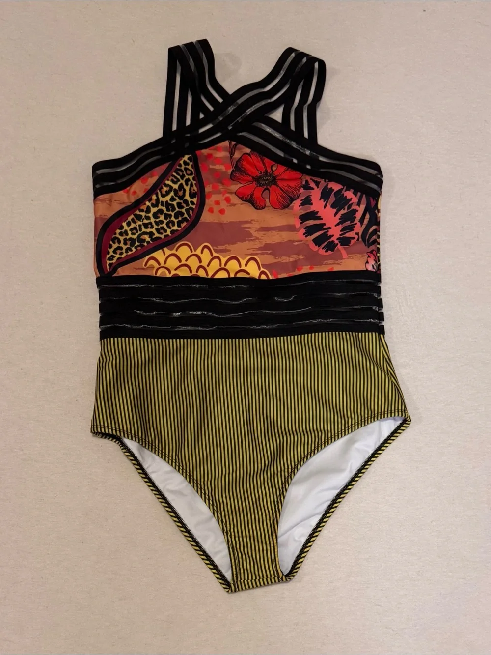 Averie Narelle Crossover One Piece Swimsuit Rouge Floral & Stripe, Artistic NWOT